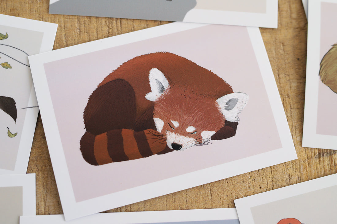 Das Bild zeigt eine Karte auf einem Holztisch. Darauf ist ein roter Panda zu sehen. Er liegt zusammengerollt und wirkt traurig. Aus seinen geschlossenen Augen fließen Tränen. Um die Karte herum liegen noch weitere Karten.